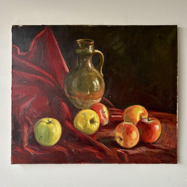 Vintage “STILL LIFE WITH APPLES AND JUG” Oil Painting Realist Style ca. 1950 - HollandArtShop