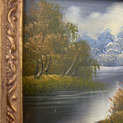 Vintage "Summer Stream" River Trees Mountain Sky Original Oil Painting by Cox Framed Small Landscape 20 x 17 cm - HollandArtShop