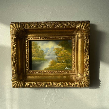 Vintage "Summer Stream" River Trees Mountain Sky Original Oil Painting by Cox Framed Small Landscape 20 x 17 cm - HollandArtShop