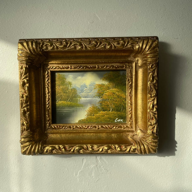 Vintage "Summer Stream" River Trees Mountain Sky Original Oil Painting by Cox Framed Small Landscape 20 x 17 cm - HollandArtShop
