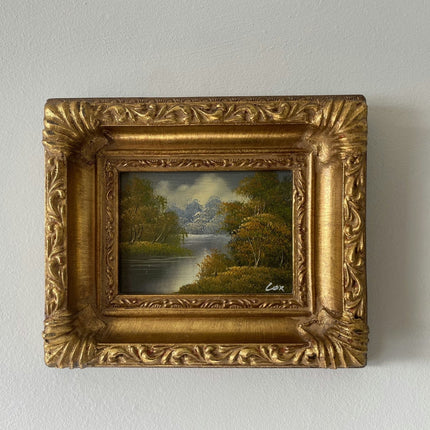 Vintage "Summer Stream" River Trees Mountain Sky Original Oil Painting by Cox Framed Small Landscape 20 x 17 cm - HollandArtShop