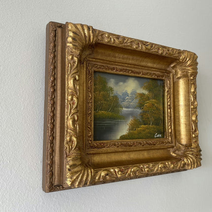 Vintage "Summer Stream" River Trees Mountain Sky Original Oil Painting by Cox Framed Small Landscape 20 x 17 cm - HollandArtShop
