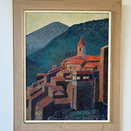 Vintage “VILLAGE VIEW” Original Oil Painting on Canvas Landscape Red Houses - HollandArtShop