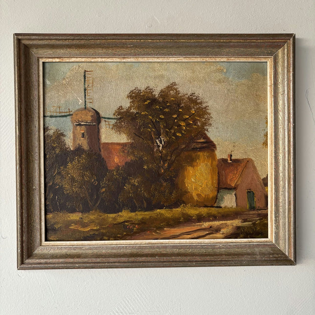 Vintage Windmill Tree Path Sky Oil Painting Authentic from around 1930 - HollandArtShop