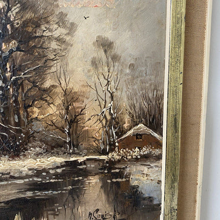 Vintage “WINTER SERENADE” Oil Painting Landscape Snow Cabin 20th Century - HollandArtShop