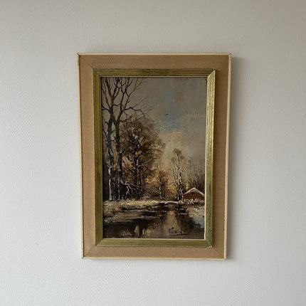 Vintage “WINTER SERENADE” Oil Painting Landscape Snow Cabin 20th Century - HollandArtShop