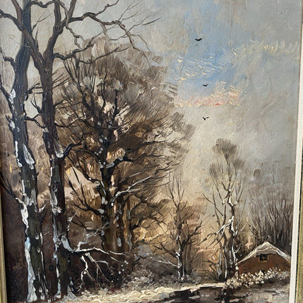 Vintage “WINTER SERENADE” Oil Painting Landscape Snow Cabin 20th Century - HollandArtShop