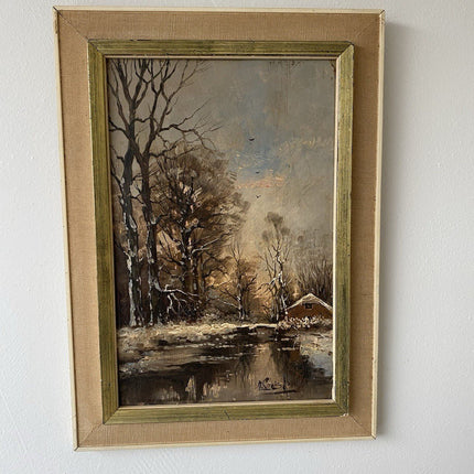 Vintage “WINTER SERENADE” Oil Painting Landscape Snow Cabin 20th Century - HollandArtShop