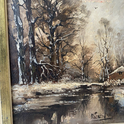 Vintage “WINTER SERENADE” Oil Painting Landscape Snow Cabin 20th Century - HollandArtShop