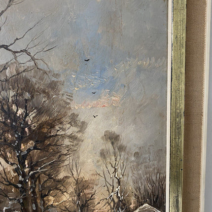 Vintage “WINTER SERENADE” Oil Painting Landscape Snow Cabin 20th Century - HollandArtShop