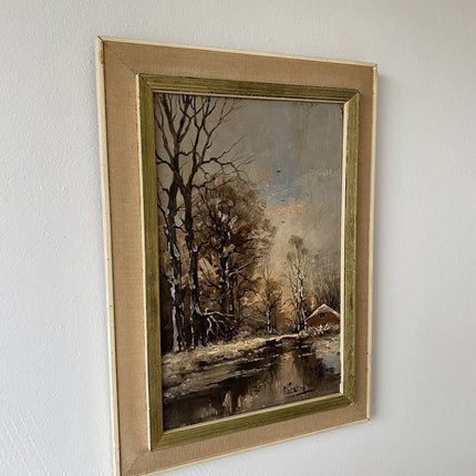 Vintage “WINTER SERENADE” Oil Painting Landscape Snow Cabin 20th Century - HollandArtShop