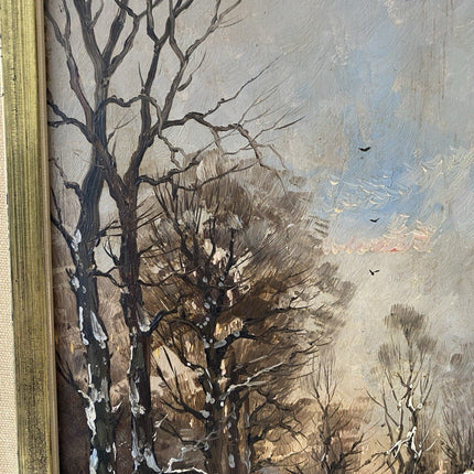 Vintage “WINTER SERENADE” Oil Painting Landscape Snow Cabin 20th Century - HollandArtShop