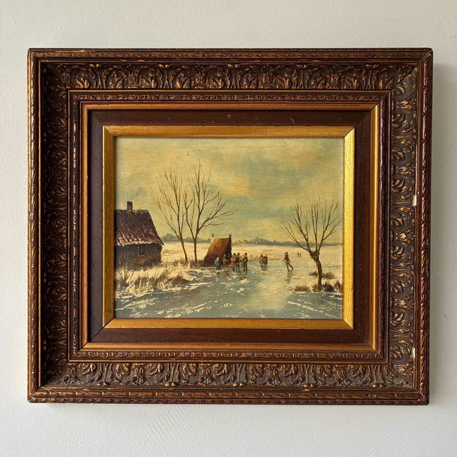 Vintage “Winter Skaters” Original Oil Painting Dutch Ice Scene Framed - HollandArtShop