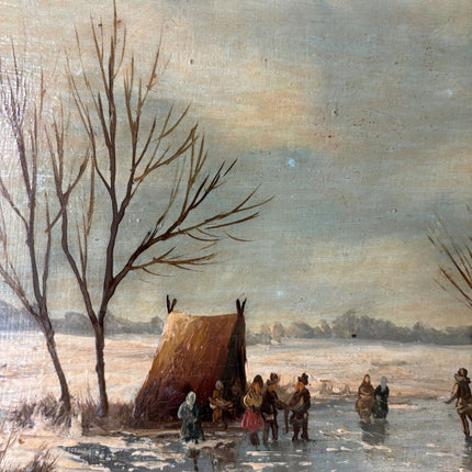 Vintage “Winter Skaters” Original Oil Painting Dutch Ice Scene Framed - HollandArtShop