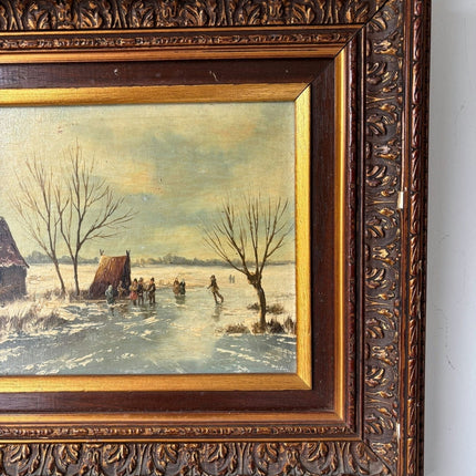 Vintage “Winter Skaters” Original Oil Painting Dutch Ice Scene Framed - HollandArtShop