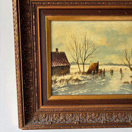 Vintage “Winter Skaters” Original Oil Painting Dutch Ice Scene Framed - HollandArtShop