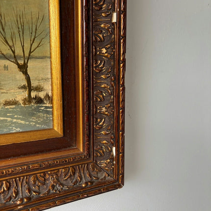 Vintage “Winter Skaters” Original Oil Painting Dutch Ice Scene Framed - HollandArtShop