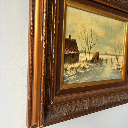 Vintage “Winter Skaters” Original Oil Painting Dutch Ice Scene Framed - HollandArtShop