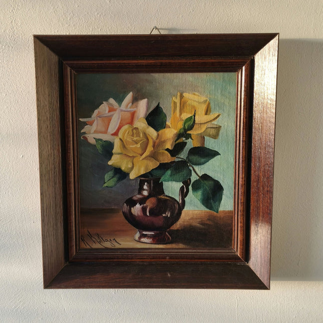 Vintage "Yellow Rose" Artist R. Kiltgen presumably Swedish Oil Painting - HollandArtShop