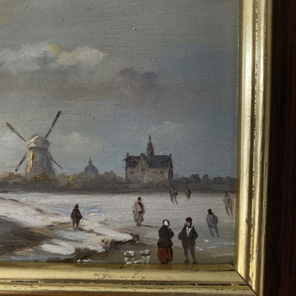 Winter Village With Ice Skaters Oil Painting Windmill Vintage Art - HollandArtShop