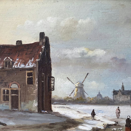 Winter Village With Ice Skaters Oil Painting Windmill Vintage Art - HollandArtShop