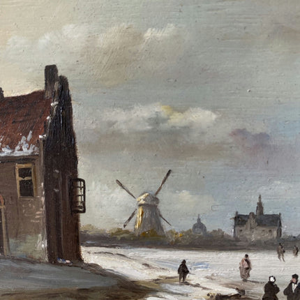 Winter Village With Ice Skaters Oil Painting Windmill Vintage Art - HollandArtShop