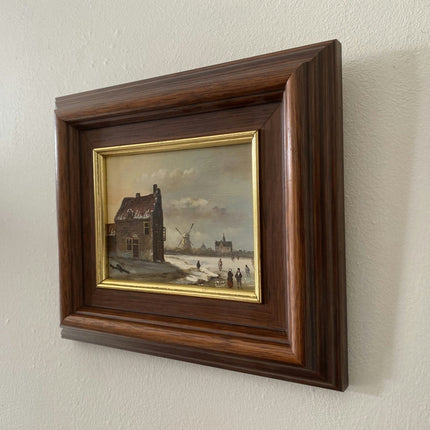 Winter Village With Ice Skaters Oil Painting Windmill Vintage Art - HollandArtShop
