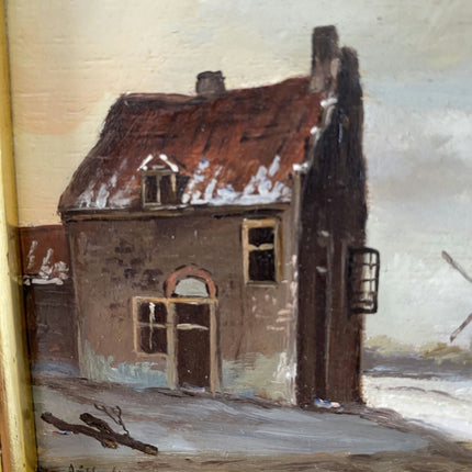 Winter Village With Ice Skaters Oil Painting Windmill Vintage Art - HollandArtShop