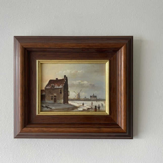Winter Village With Ice Skaters Oil Painting Windmill Vintage Art - HollandArtShop