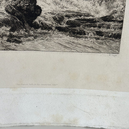 Wonderful Landscape Etching "Rushing Waterfall" Vintage Small Artwork - HollandArtShop