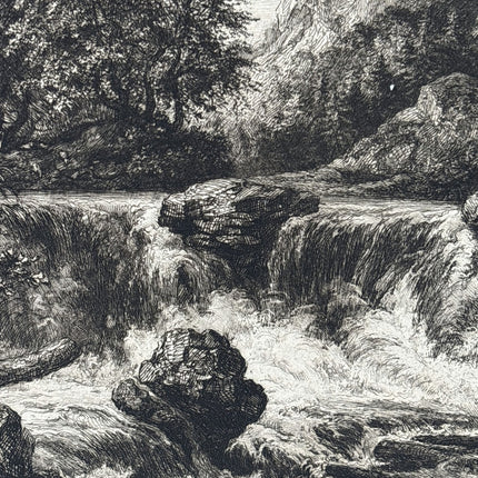 Wonderful Landscape Etching "Rushing Waterfall" Vintage Small Artwork - HollandArtShop