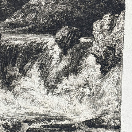 Wonderful Landscape Etching "Rushing Waterfall" Vintage Small Artwork - HollandArtShop