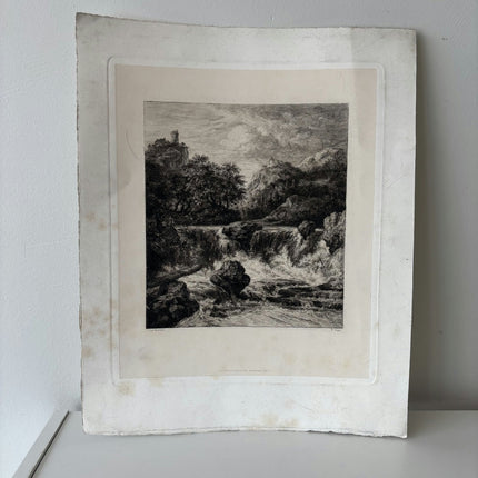Wonderful Landscape Etching "Rushing Waterfall" Vintage Small Artwork - HollandArtShop