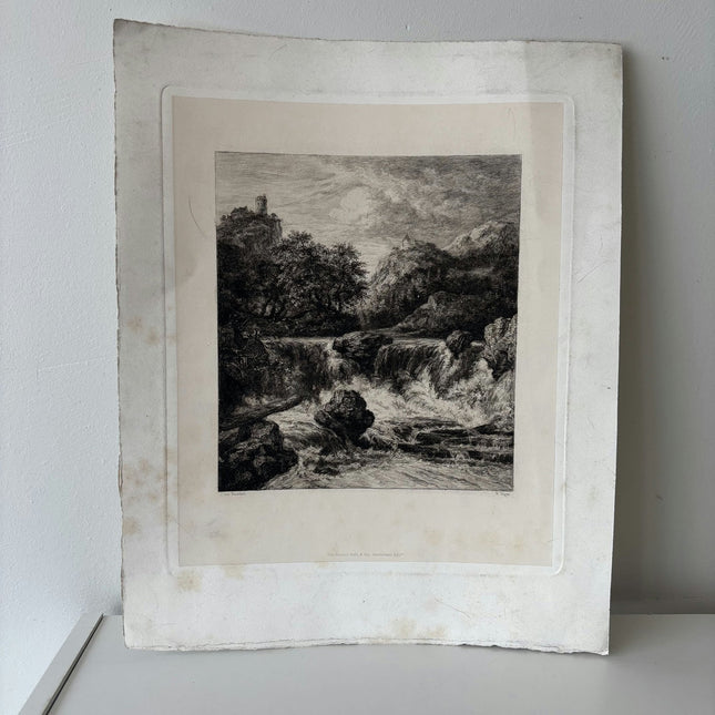 Wonderful Landscape Etching "Rushing Waterfall" Vintage Small Artwork - HollandArtShop