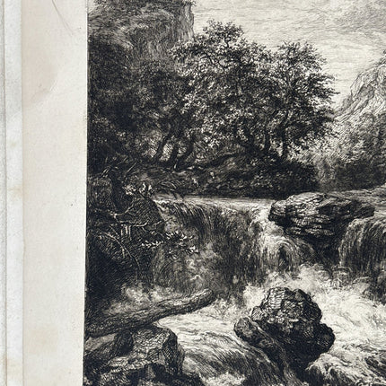 Wonderful Landscape Etching "Rushing Waterfall" Vintage Small Artwork - HollandArtShop
