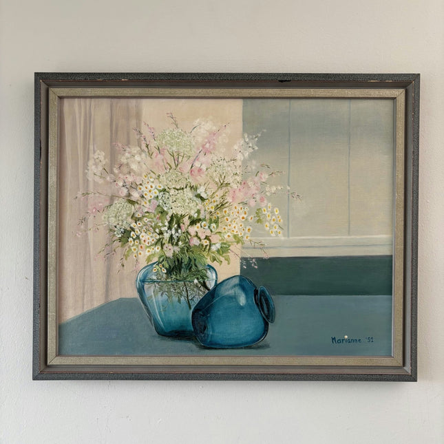 Wonderful Oil Painting Flowery Still Life "Glass Vases" Figurative Medium Art - HollandArtShop
