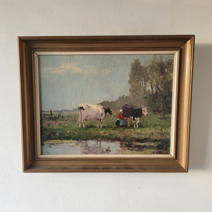 Wonderful Still Life Oil Painting "Grazing Cow" Figurative Medium Art - HollandArtShop