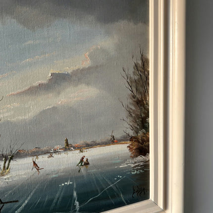 Wonderful Winter Landscape Oil Painting "Frozen Lake Skaters" Medium Artwork - HollandArtShop