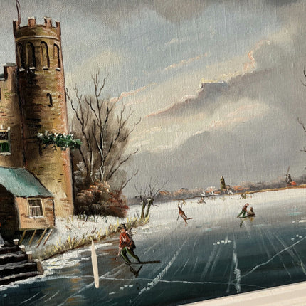 Wonderful Winter Landscape Oil Painting "Frozen Lake Skaters" Medium Artwork - HollandArtShop