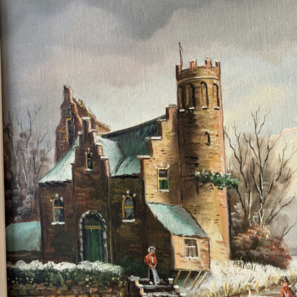 Wonderful Winter Landscape Oil Painting "Frozen Lake Skaters" Medium Artwork - HollandArtShop