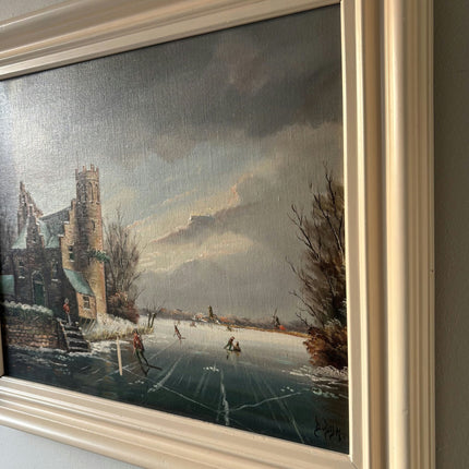 Wonderful Winter Landscape Oil Painting "Frozen Lake Skaters" Medium Artwork - HollandArtShop