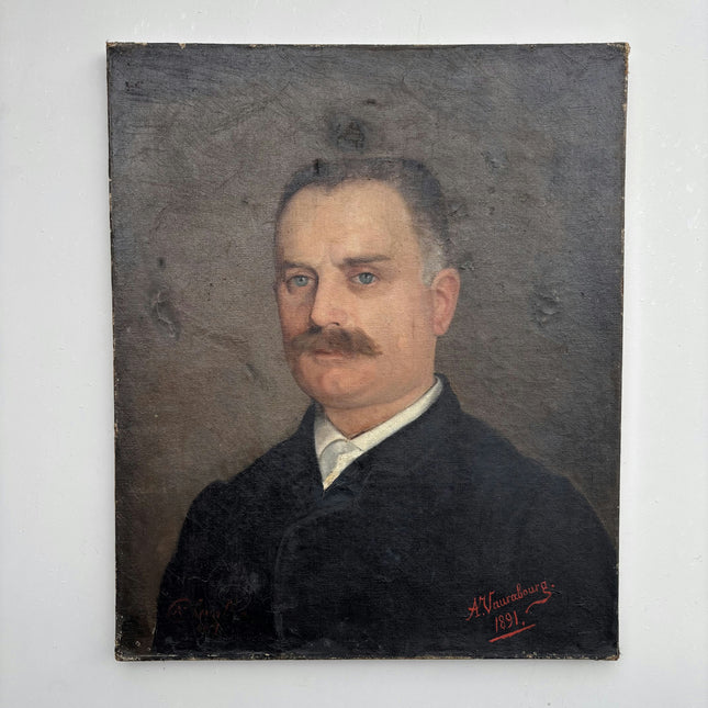 1891 Antique Portrait Oil Painting "Mustached Man" Artwork Holland Art Shop