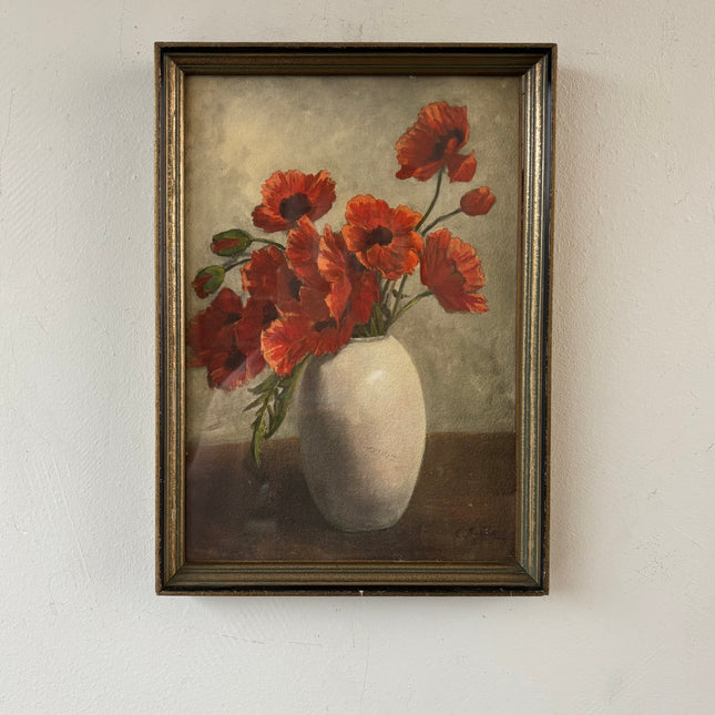 Remarkable Aquarel Flowery Still Life "Red Poppy Bouquet" Vintage Small Art Holland Art Shop